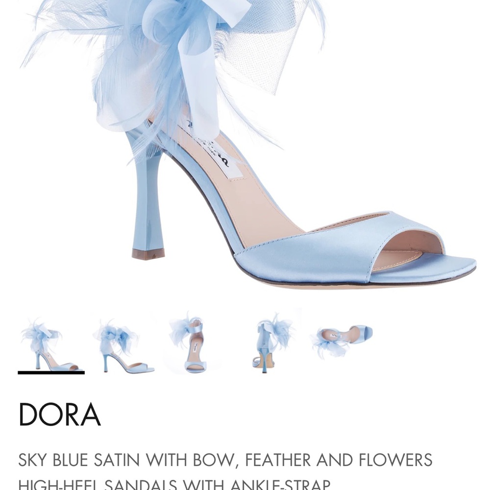 Nina Shoes Light Blue Satin Heels with Bow and Feathers